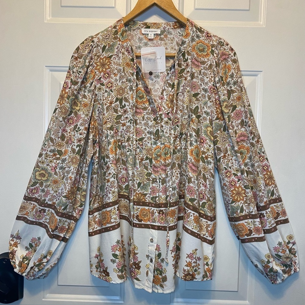 Blu Pepper Floral Small Bohemian Burton Blouse - Cream & Brown Balloon Sleeves